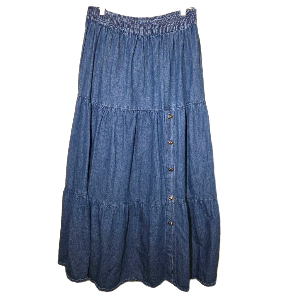 Vtg 90s Crazy Cowgirl Denim‎ Prairie Maxi Skirt Western Country Tiered Ruffle L